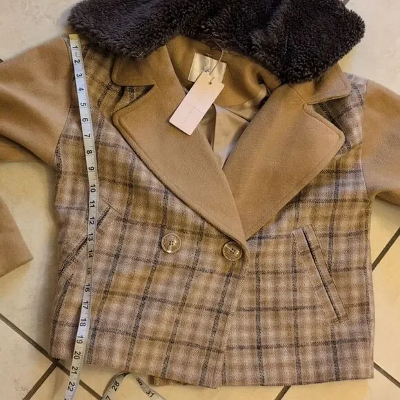 NWT Rachel Parcell Camel Plaid Cropped Coat Polyester Wool Blend Size XS - Picture 6 of 12